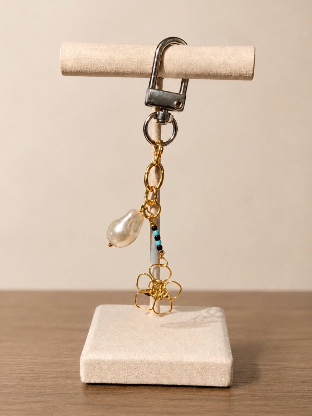 Hand Made Gold Floral Charm Keychain with Pearl and Turquoise Beads